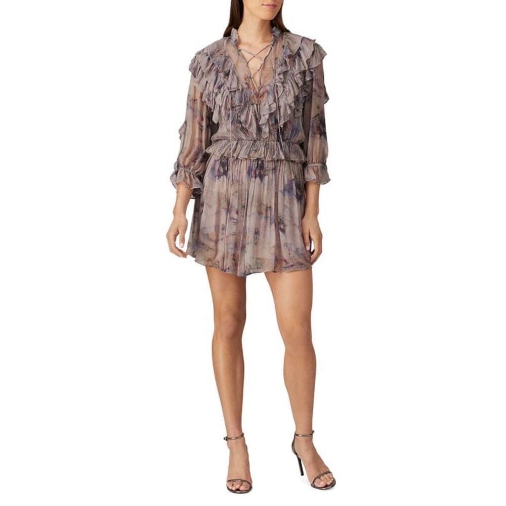 IRO Banon Floral Mini Blouson Dress Ruffles V-Neck Lace Up Size 38